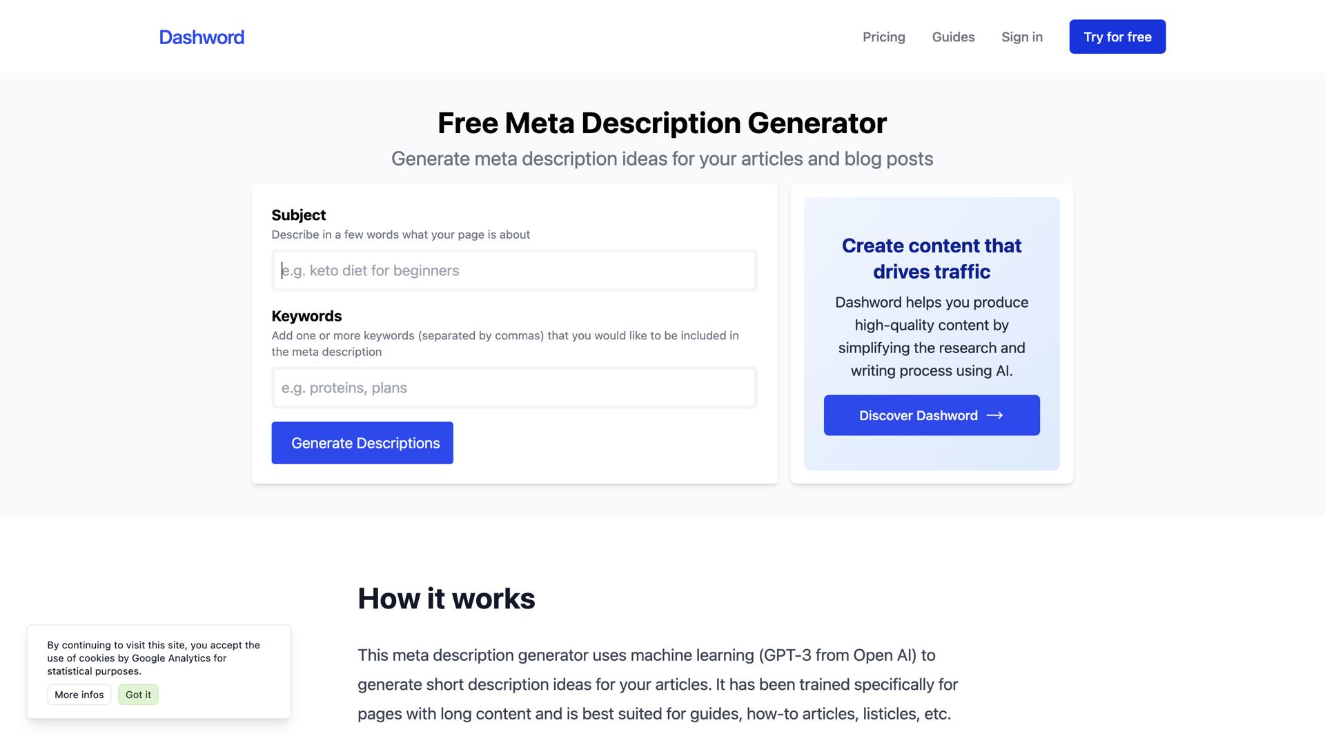 Meta Description Generator by Dashword