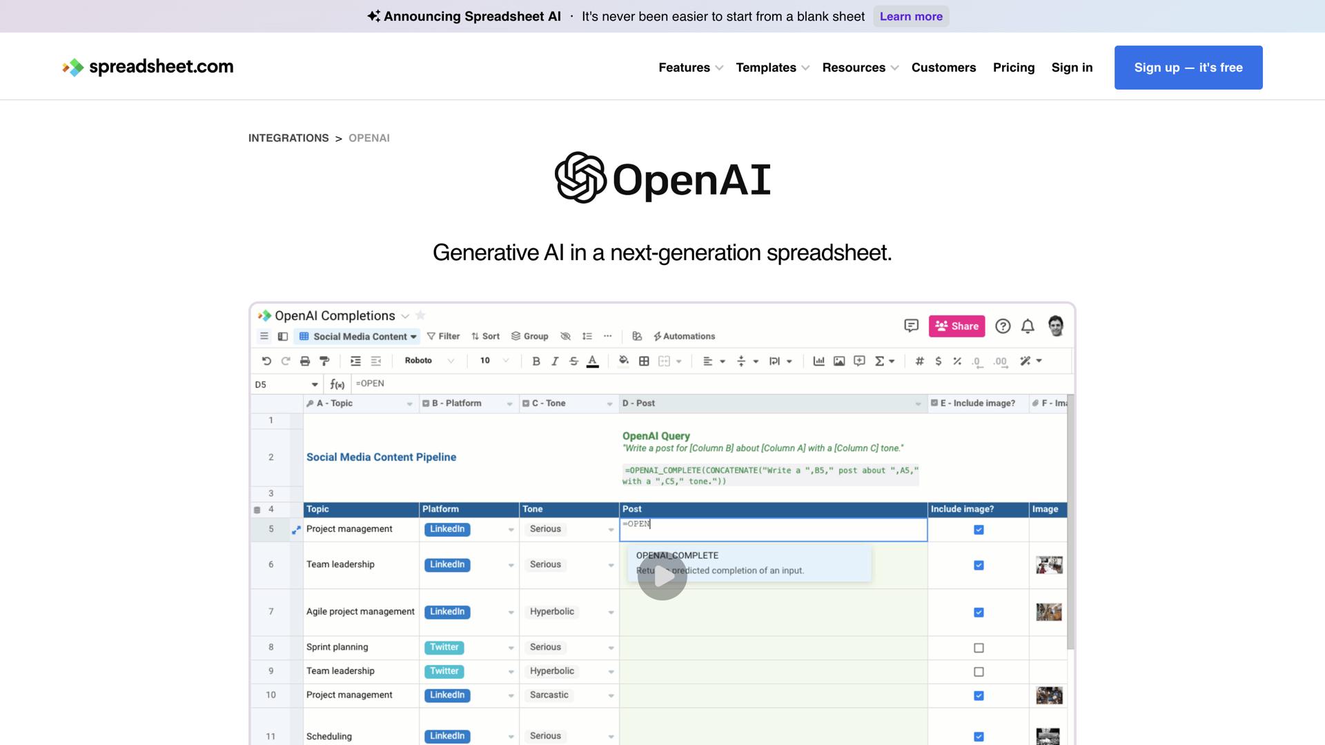 OpenAI in Spreadsheet