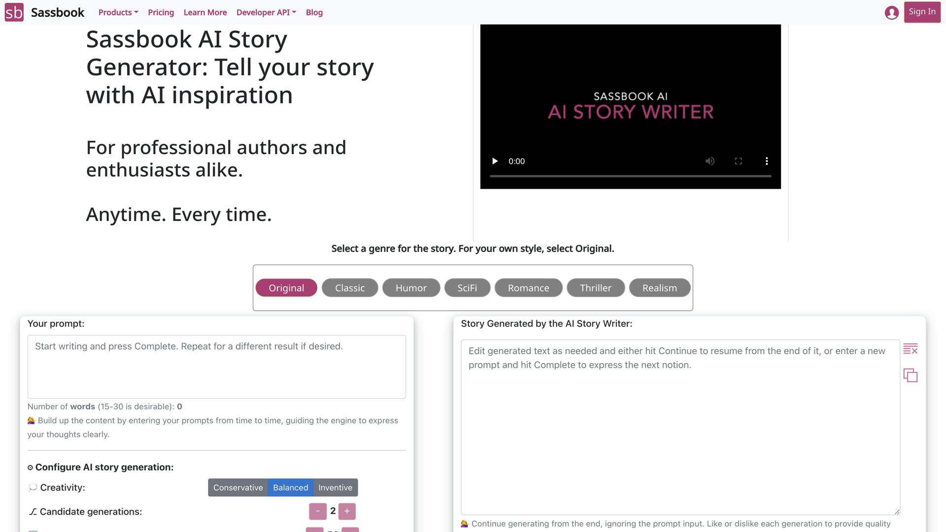 Sassbook AI Story generator