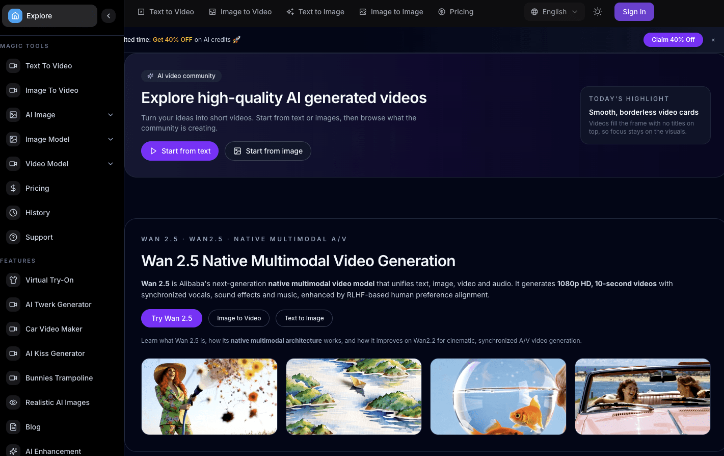 Wan AI – AI Video Generator | Text to Video | Image to Video | Voiceover Creation